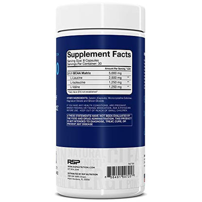 RSP BCAA 5000 (30 Serv), Premium BCAA Capsules for Post Workout Muscle Recovery, Endurance & Energy, 5g of Essential Branched Chain Amino Acids Per Serving (Packaging May Vary)