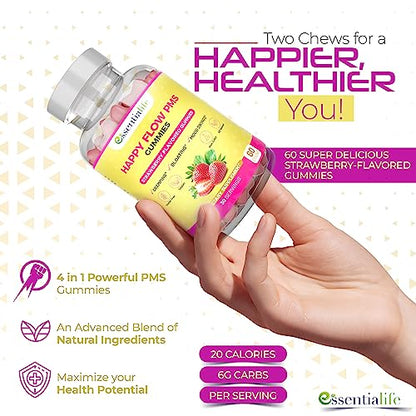 Happy Flow Strawberry-Flavor Chewable PMS Gummies | Hormone Balance Chasteberry EssentialifeBuy Supplements Australia