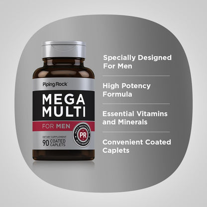 Piping Rock Men's Multivitamin | 90 Caplets | Mega Vitamin and Mineral Complex | Daily Support Supplement | with Vitamin C, D, Magnesium, Zinc | Non-GMO, Gluten Free Piping RockBuy Supplements Australia