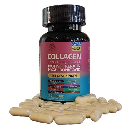 Collagen Peptides Types I, II, III, V & X, 64000 MCG, 14 in 1, Biotin, Keratin, Hyaluronic Acid, Magnesium, MSM, Grape Seed, Vitamin A C & E, Black Pepper, Quercetin, Folate, Zinc (90 Veggie Caps) Main ProductsBuy Supplements Australia