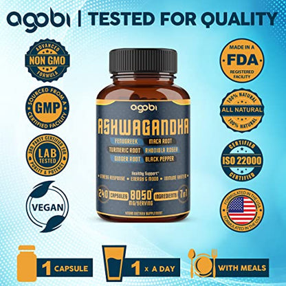 240 Capsules - 8 Month Supply - 7in1 Ashwagandha 8050mg - Combined With Fenugreek agobiBuy Supplements Australia