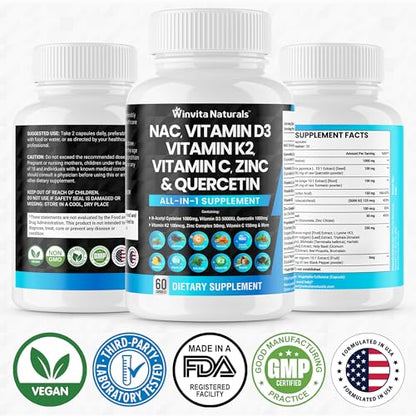 NAC Supplement N-Acetyl Cysteine 1000mg Vitamin C Vitamin D3 K2, Zinc, Turmeric Curcumin Winvita NaturalsBuy Supplements Australia
