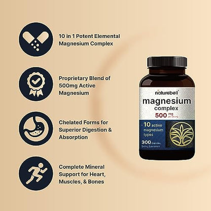 NatureBell Magnesium Complex Supplement 500mg, 300 Capsules | 10 Active Forms NatureBellBuy Supplements Australia