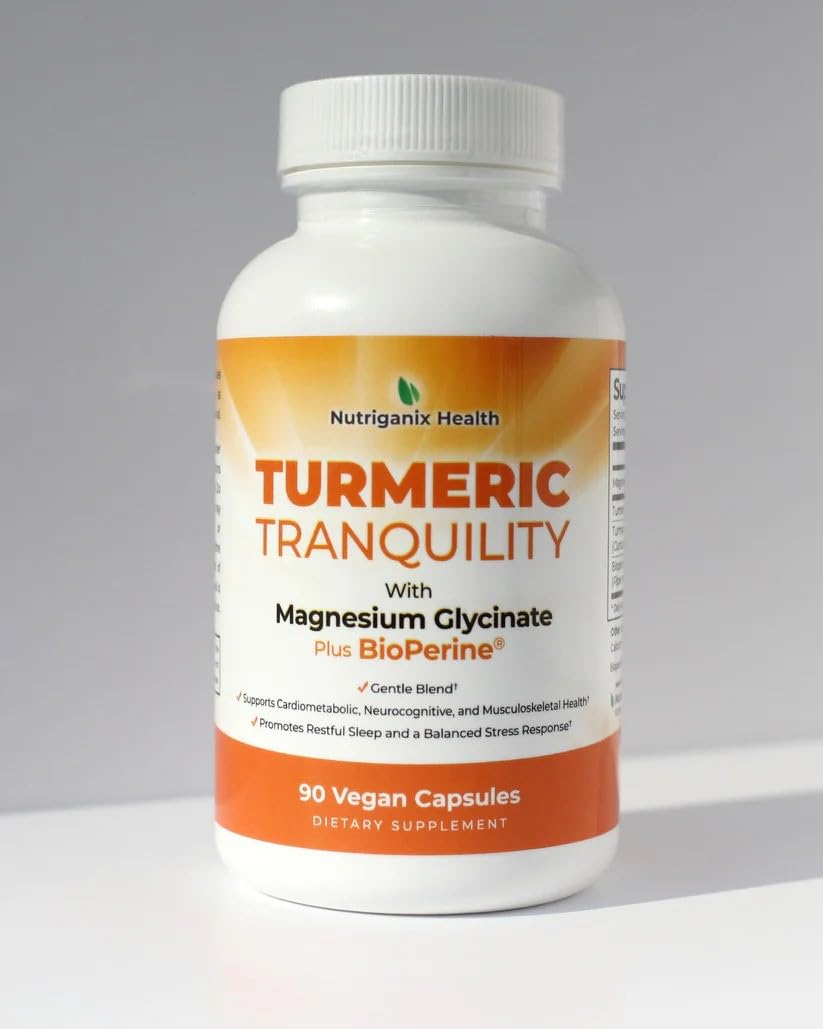 Turmeric Tranquility Turmeric Curcumin & Magnesium Glycinate with BioPerine – Support for Stress Relief, Sleep, Heart Health, Muscles, Metabolism, and Joint Health* - High Absorption - 90 Capsules (1) NutriganixBuy Supplements Australia