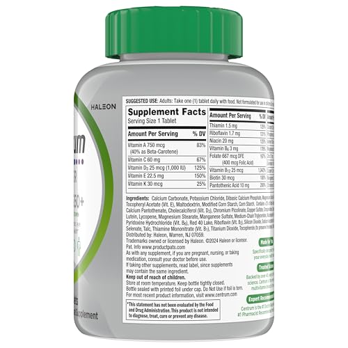 Centrum Silver Multivitamin for Adults 50 Plus, Multivitamin/Multimineral Supplement, Vitamin D3, B Vitamins, Gluten Free, Non-GMO Ingredients