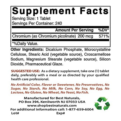 Best Naturals Chromium Picolinate Tablet, 200 mcg, 240 Count Best NaturalsBuy Supplements Australia