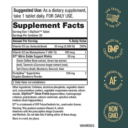 Purity Products Artery Pill Core from MK-7 Vitamin K2, Plant-Based S7 Nitric Oxide Booster, Vitamin D3, Organic Blueberries - Promotes Arterial Health & Cardiovascular Function - 30 Count