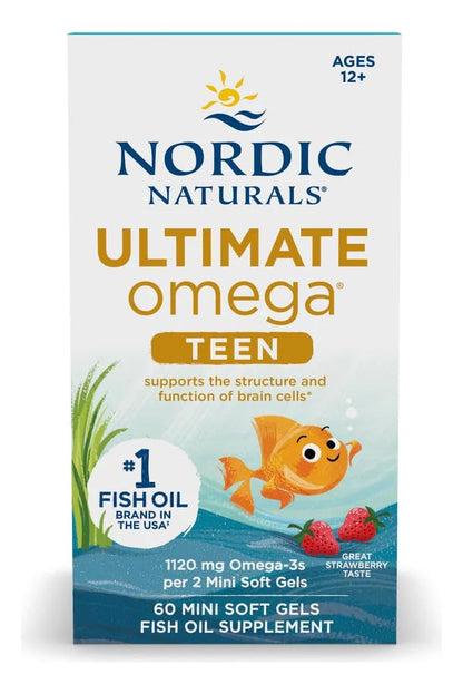 Nordic Naturals Ultimate Omega 2X Teen, Strawberry - 60 Mini Soft Gels - 1120 mg Total Omega-3s with EPA & DHA - Brain Health, Positive Mood, Social Development