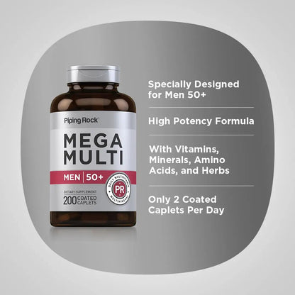 Piping Rock Multivitamin for Men Over 50+ | 200 Caplets | Mega 50 Plus Daily Multimineral | with Magnesium, Calcium, Zinc | Piping Rock