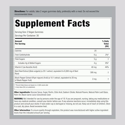 Beet Root Gummies | 60 Count | with Nitrates and Black Pepper Extract | Nitric Oxide Piping RockBuy Supplements Australia
