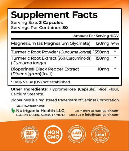 Turmeric Tranquility Turmeric Curcumin & Magnesium Glycinate with BioPerine – Support for Stress Relief, Sleep, Heart Health, Muscles, Metabolism, and Joint Health* - High Absorption - 90 Capsules (1) NutriganixBuy Supplements Australia