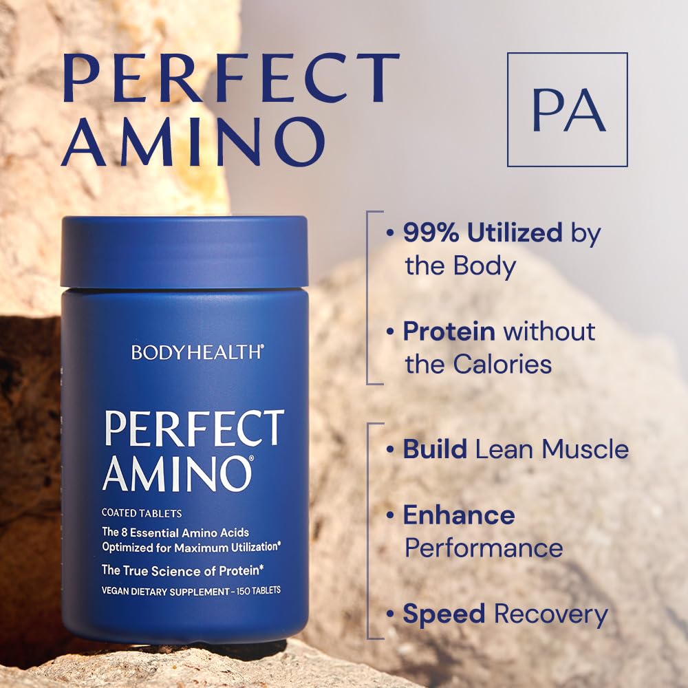 BodyHealth PerfectAmino (150 ct) Easy to Swallow Tablets, Essential Amino Acids Supplement with BCAAs, Vegan Protein for Pre/Post Workout & Muscle Recovery with Lysine