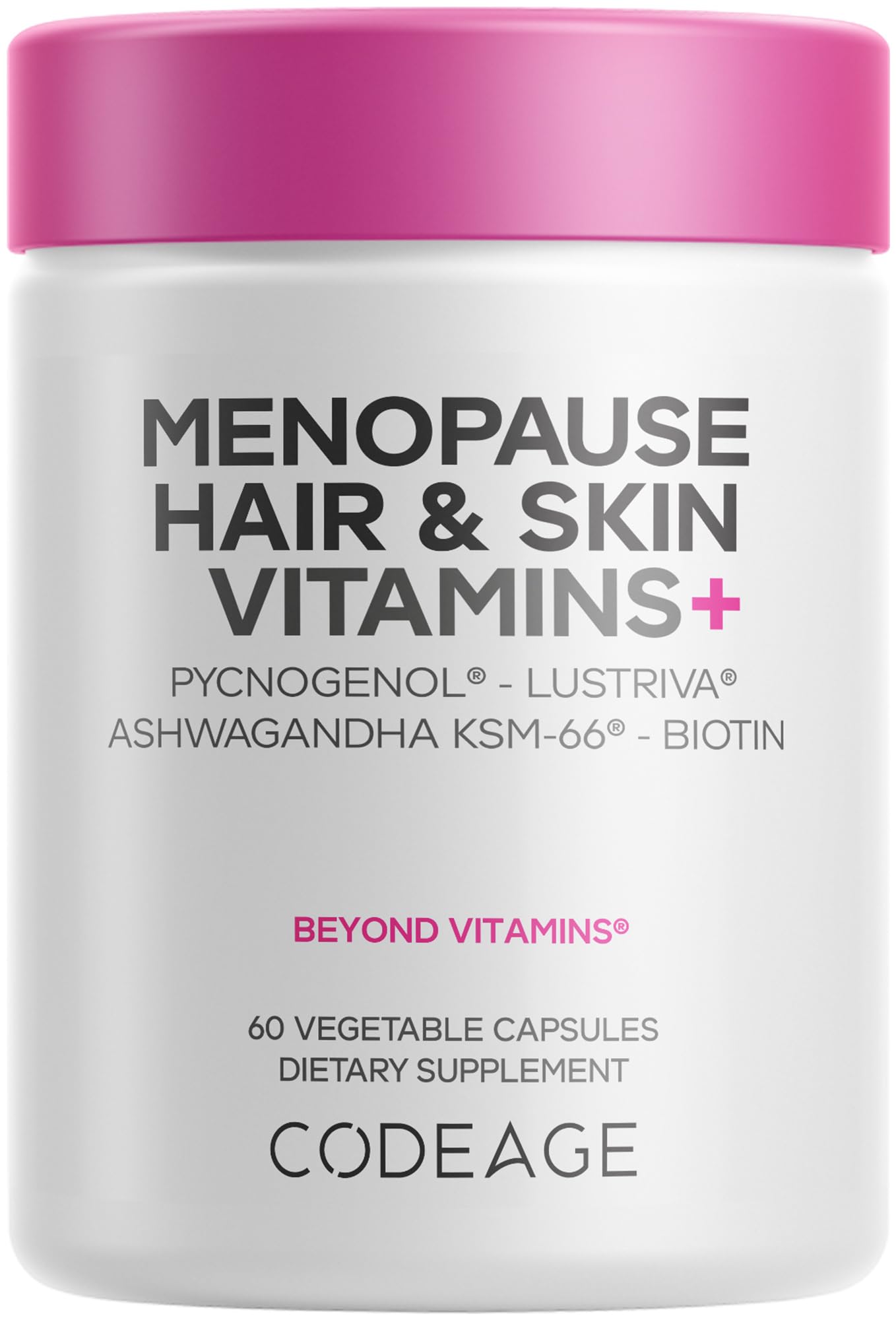 Codeage Menopause Hair & Skin Vitamins+ - Patented Lustriva, Pycnogenol, KSM-66 Ashwagandha - Hair Density Skin Perimenopause Support - Menopause Supplement - 10,000 Mcg Biotin, Wild Yam - 60 Capsules CodeageBuy Supplements Australia