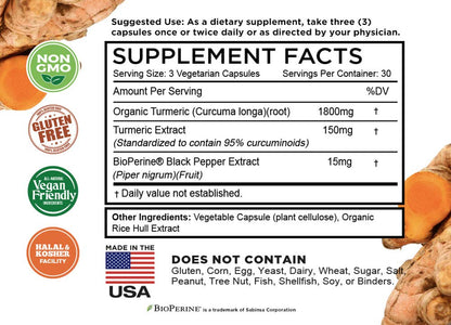 Turmeric Curcumin with BioPerine Black Pepper & 95% Curcuminoids, 1965mg, Maximum Absorption for Joint Support, Non-GMO Turmeric Capsules,