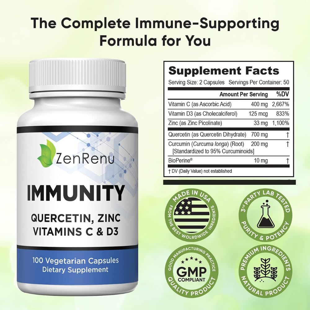 Zenrenu Immunity Quercetin 700 mg Zinc Vitamin C Vitamin D Immune Support Supplement with Curcumin - Easy to Absorb Immunity Supplement, 100 Vegetarian Capsules 50 Day Supply ZenrenuBuy Supplements Australia