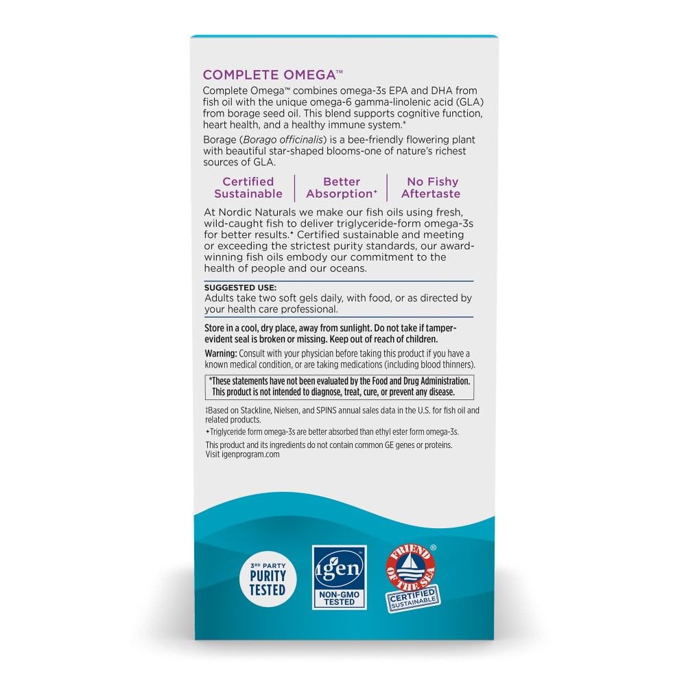 Nordic Naturals Complete Omega, Lemon Flavor - 120 Soft Gels - 565 mg Omega-3 - EPA & DHA with Added GLA - Healthy Skin, Cognition, Positive Mood - Non-GMO - 60 Servings Nordic NaturalsBuy Supplements Australia