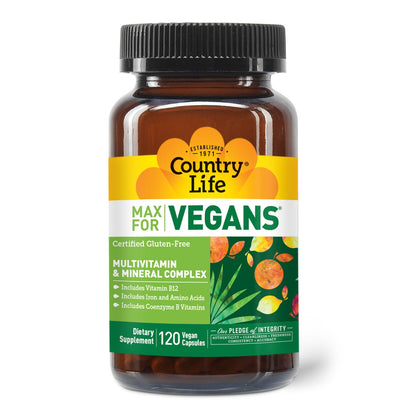 Country Life Max for Vegans - 120 Vegan Capsules - Daily Multivitamins - Immune Support Supplement - Contains Vitamin B12, Iron, Amino Acids, Coenzyme B Vitamins - Gluten-Free Country LifeBuy Supplements Australia