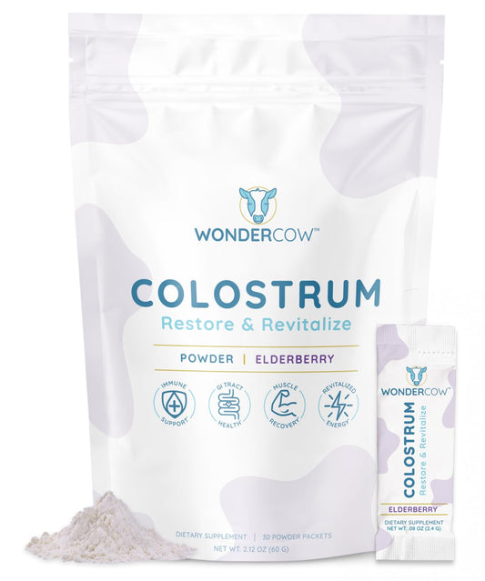 WONDERCOW Colostrum Supplement Powder for Gut Health, Immune Support & Wellness | Natural IgG Pure Whole Bovine Colostrum Superfood, Elderberry, 30 Servings WONDERCOWBuy Supplements Australia
