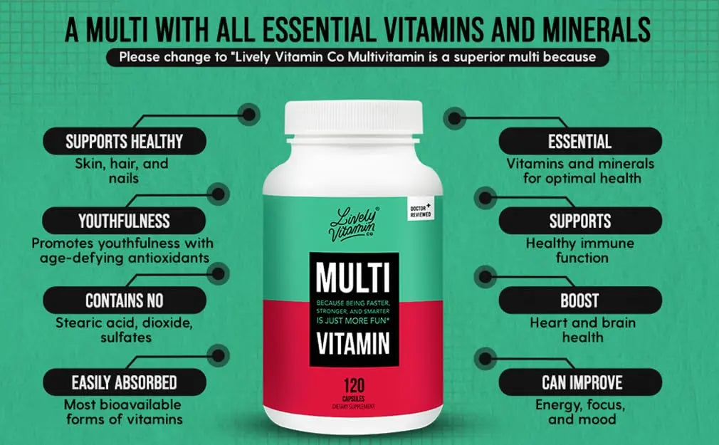 LIVELY VITAMIN CO. Multivitamin - 37 Vitamins Minerals and Extracts - Energy - Memory - Immune Function - Heart- Brain - Focus - Mood - Antioxidants - Dairy Gluten Soy Free - 60 Vegetarian Capsules LIVELY VITAMIN CO