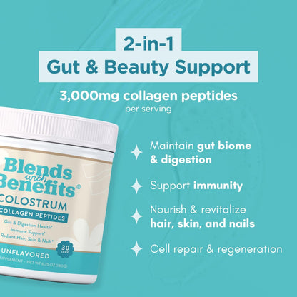 360 Nutrition Blends with Benefits Bovine Colostrum + Collagen Peptides Powder for Gut Health, Hair & Skin Beauty, Immune Support | Grass-Fed, No Added Sugar, Unflavored 6 oz 360 NutritionBuy Supplements Australia