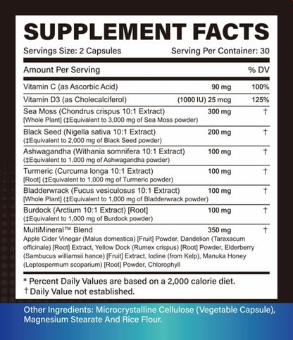 Trisundi Sea Moss Complex with Black Seed Oil, Ashwagandha & Burdock Root – All-in-One Herbal Supplement with Vitamins & Minerals – 60 Capsules TrisundiBuy Supplements Australia