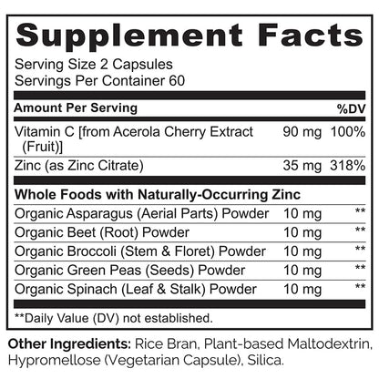 NATURELO Vegan Zinc Immune Support Capsules - Whole Food Complex with Vitamin C for Healthy Skin, Hair, and Nails - 120 Capsules NATURELOBuy Supplements Australia