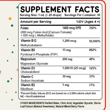Folinic Acid Drops Kids 800 mcg + L-Methylfolate + B12 +P5P B6 Gentle Methylation Great Taste, Magnesium Glycinate, Vitamin D3 & C Folate Support for Brain,Focus, Mood & Cellular Health 5-MTHF Drops True reflectionzBuy Supplements Australia