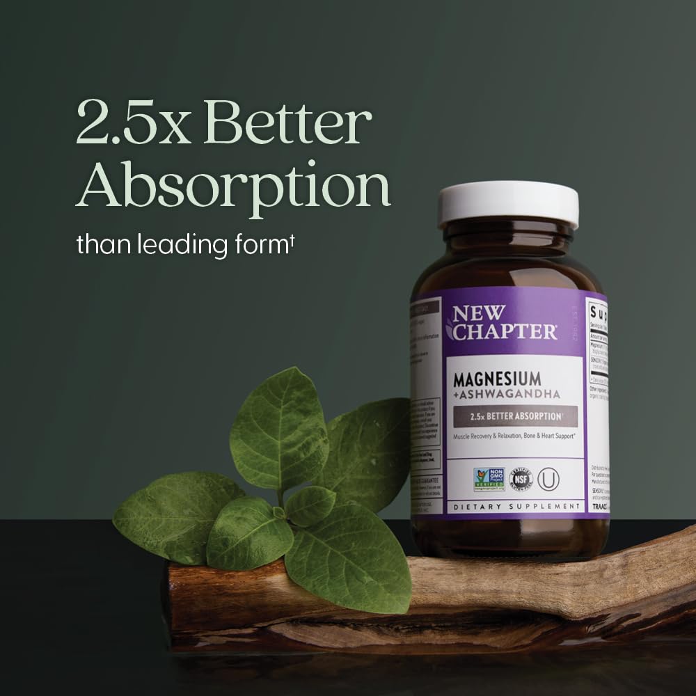 New Chapter Magnesium + Ashwagandha Supplement, 325 mg with Magnesium Glycinate for Muscle Relaxation & Recovery, Heart, Nerve & Bone Health, 2.5X Absorption, Non-GMO - 30 ct (1 Month Supply) New ChapterBuy Supplements Australia