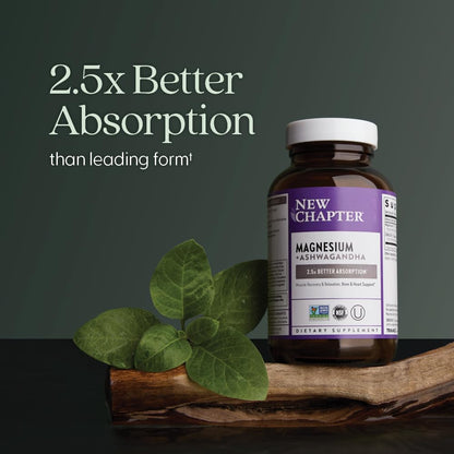 New Chapter Magnesium + Ashwagandha Supplement, 325 mg with Magnesium Glycinate for Muscle Relaxation & Recovery, Heart, Nerve & Bone Health, 2.5X Absorption, Non-GMO - 30 ct (1 Month Supply) New ChapterBuy Supplements Australia