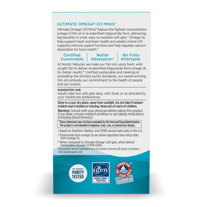 Nordic Naturals Ultimate Omega Mini D3, Lemon Flavor - 60 Mini Soft Gels - 1120 mg Omega-3 + 1000 IU Vitamin D3 - EPA & DHA - Promotes Brain & Heart Health - 30 Servings Nordic NaturalsBuy Supplements Australia