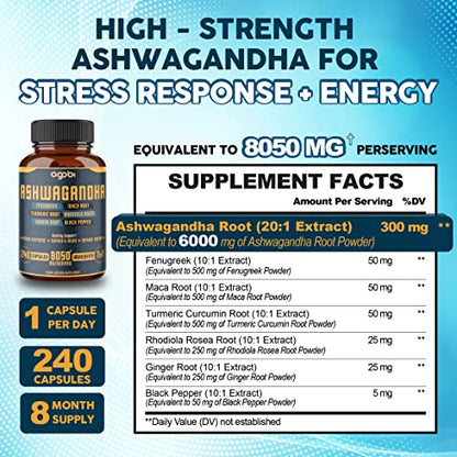 240 Capsules - 8 Month Supply - 7in1 Ashwagandha 8050mg - Combined With Fenugreek agobiBuy Supplements Australia