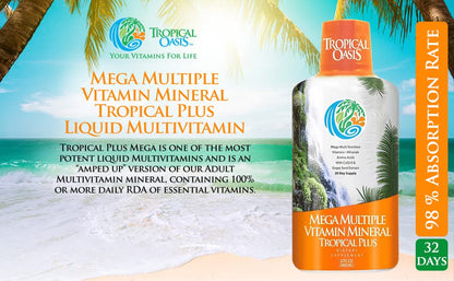 Tropical Oasis Mega Plus - Liquid Multivitamin and Mineral Supplement – Includes 85 Vitamins & Minerals, 20 Amino Acids + CoQ10, Grape Seed Extract & Organic Aloe Vera - 32oz, 32 Servings, 33460 Tropical OasisBuy Supplements Australia