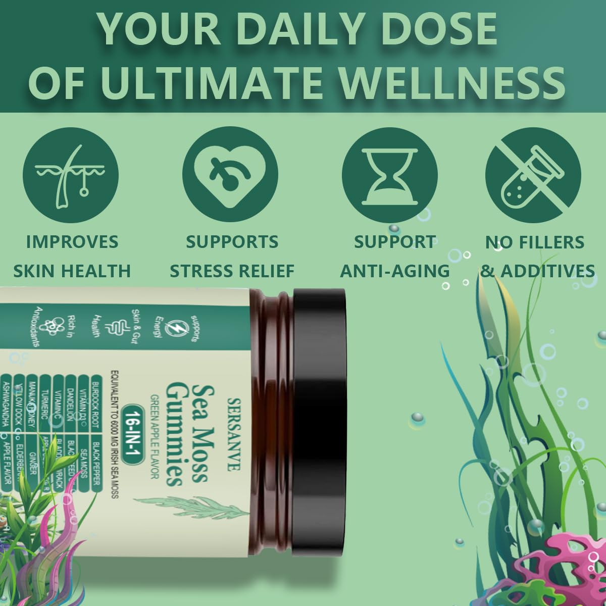 Sea Moss Gummies 16-in-1, with Black Seed Oil, Ashwagandha & Elderberry | Organic Irish Sea Moss Supplement for Men & Women | Daily Support with Manuka, Burdock Root & Vitamins C & D3, 30 Gummies SERSANVEBuy Supplements Australia