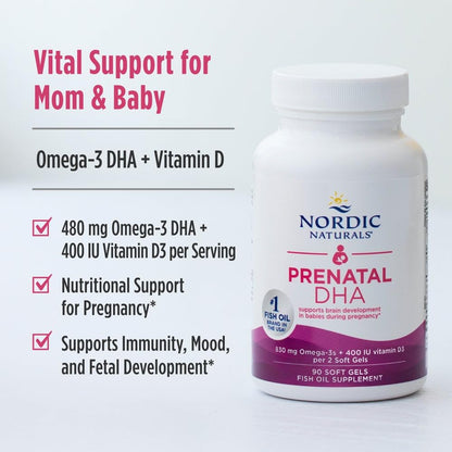 Nordic Naturals Prenatal DHA, Unflavored - 180 Soft Gels - 830 mg Omega-3 + 400 IU Vitamin D3 - Supports Brain Development in Babies During