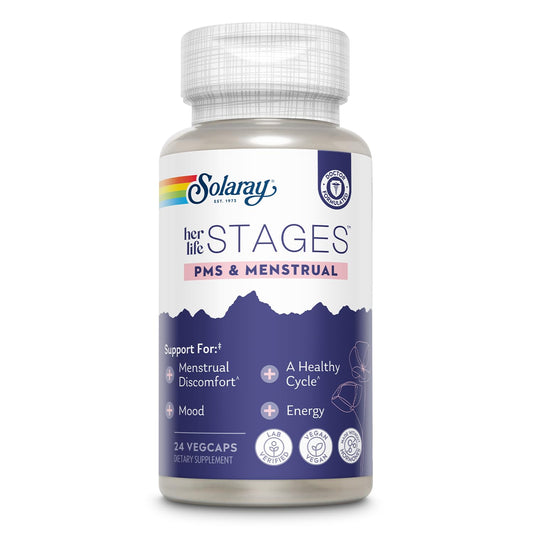 Solaray PMS & Menstrual her life STAGES - PMS Support Supplement for Women with Cramp Bark, Vitex Chasteberry - Made Without Hormones - 60-Day Guarantee - Vegan, Lab Verified - 24 Servings, 24 VegCaps SOLARAYBuy Supplements Australia