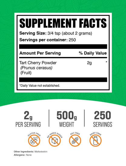 BulkSupplements.com Tart Cherry Powder - Fruit Powder, Tart Cherry Supplements - Antioxidant Source, Gluten Free & No Added Sugar, 2g per Serving, 500g (1.1 lbs) (Pack of 1) BulkSupplementsBuy Supplements Australia