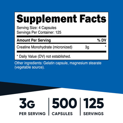 Nutricost Micronized Creatine Monohydrate 3,000mg 500 Capsules, 125 Servings NutricostBuy Supplements Australia