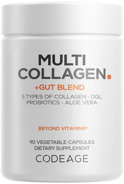 Codeage Multi Collagen + Gut Blend Supplement - Digestive Probiotics, DGL Licorice, Aloe Vera, Organic Peppermint Leaf, Slippery Elm - Hydrolyzed Bovine Collagen Pills - Non-GMO - 90 Capsules CodeageBuy Supplements Australia