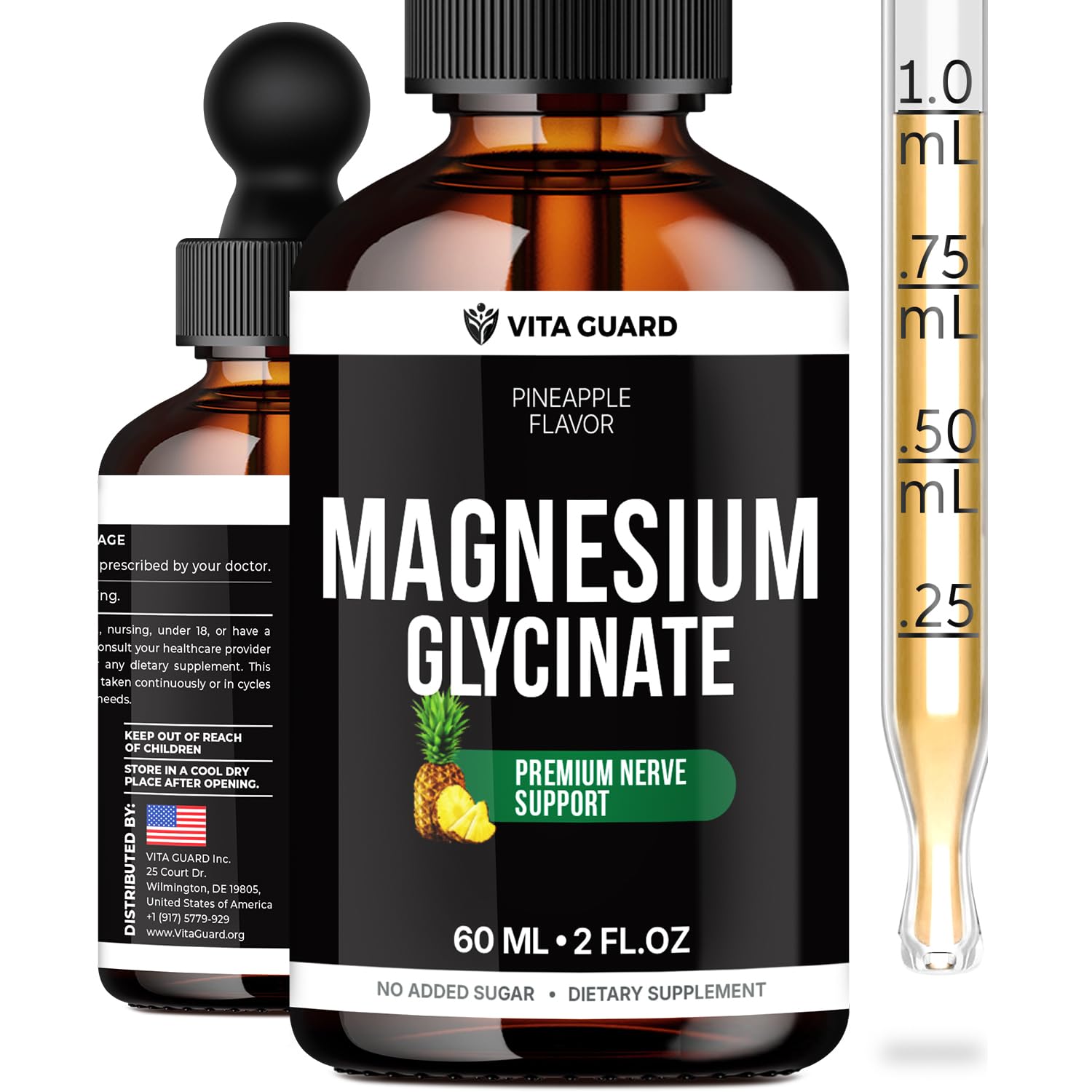 Magnesium Glycinate 500mg Liquid Drops – Sugar-Free Magnesium Supplement, Vegan Formula, 60 mL Flavor Pineapple Vita GuardBuy Supplements Australia