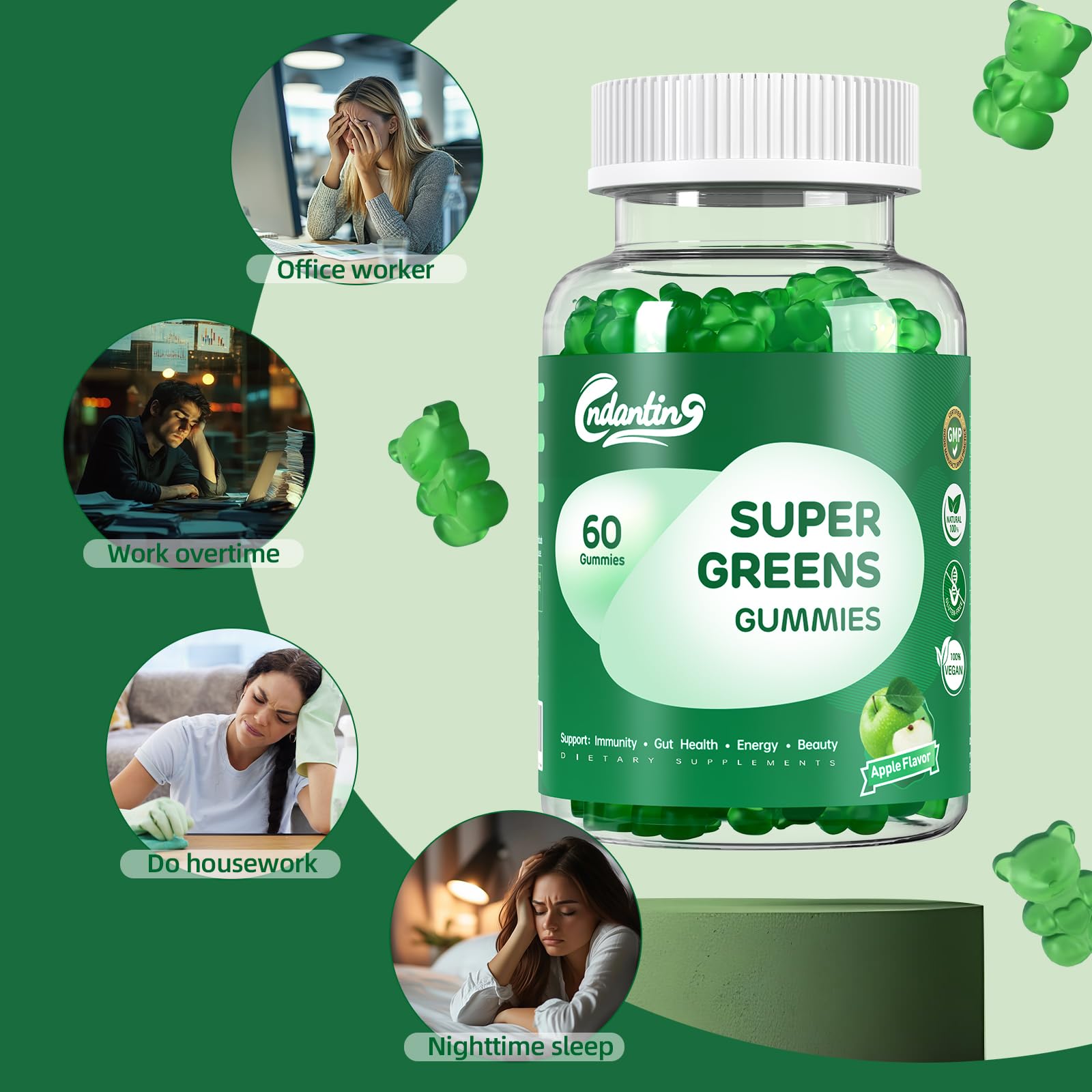 Multivitamin Super Greens Gummies - Daily Vegan Gummy Vitamins for Women, Apple Flavor | Organic Blend with Vitamin C, Turmeric, Zinc, Immune Support, Energy Booster, Metabolism | 60 Count CNDANTINGBuy Supplements Australia