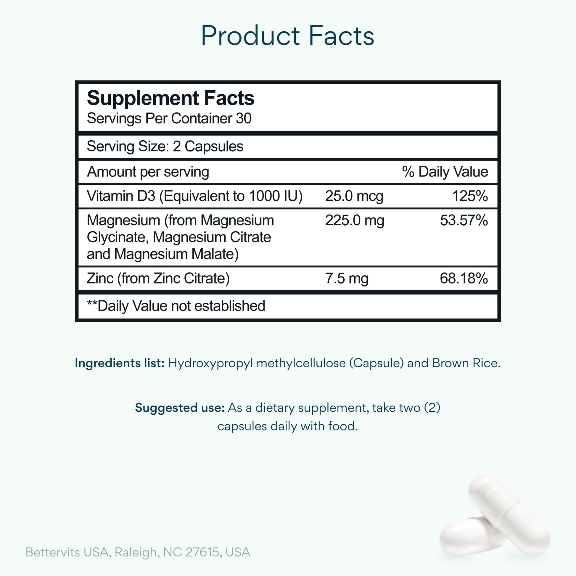Bettervits Magnesium Glycinate Complex with Citrate Malate Zinc & Vitamin D3 | High Absorption Pure Magnesium 225mg Supplement Chelated Formula for Muscle Relaxation, Sleep Support – 60 Capsules BettervitsBuy Supplements Australia