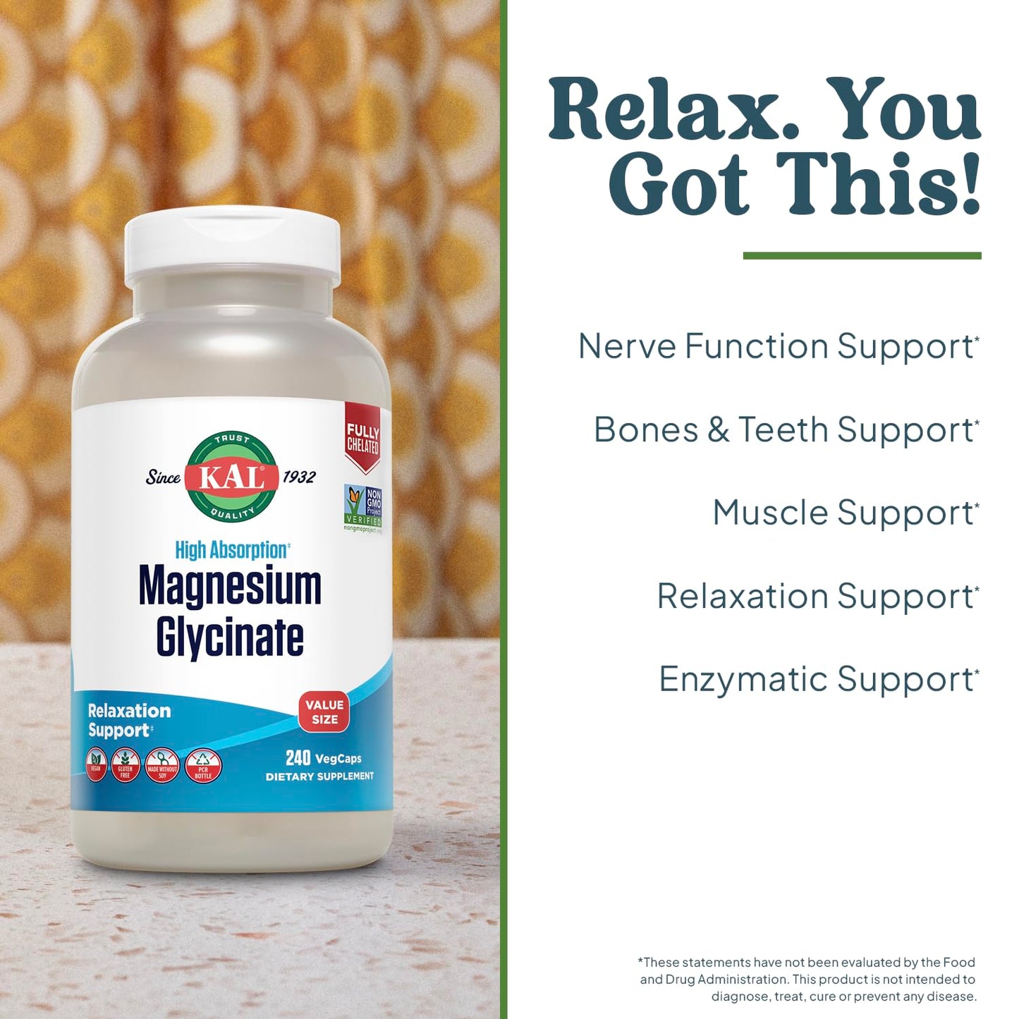 KAL Magnesium Glycinate, New & Improved Fully Chelated High Absorption Formula with BioPerine, Bisglycinate Chelate for Stress, Relaxation