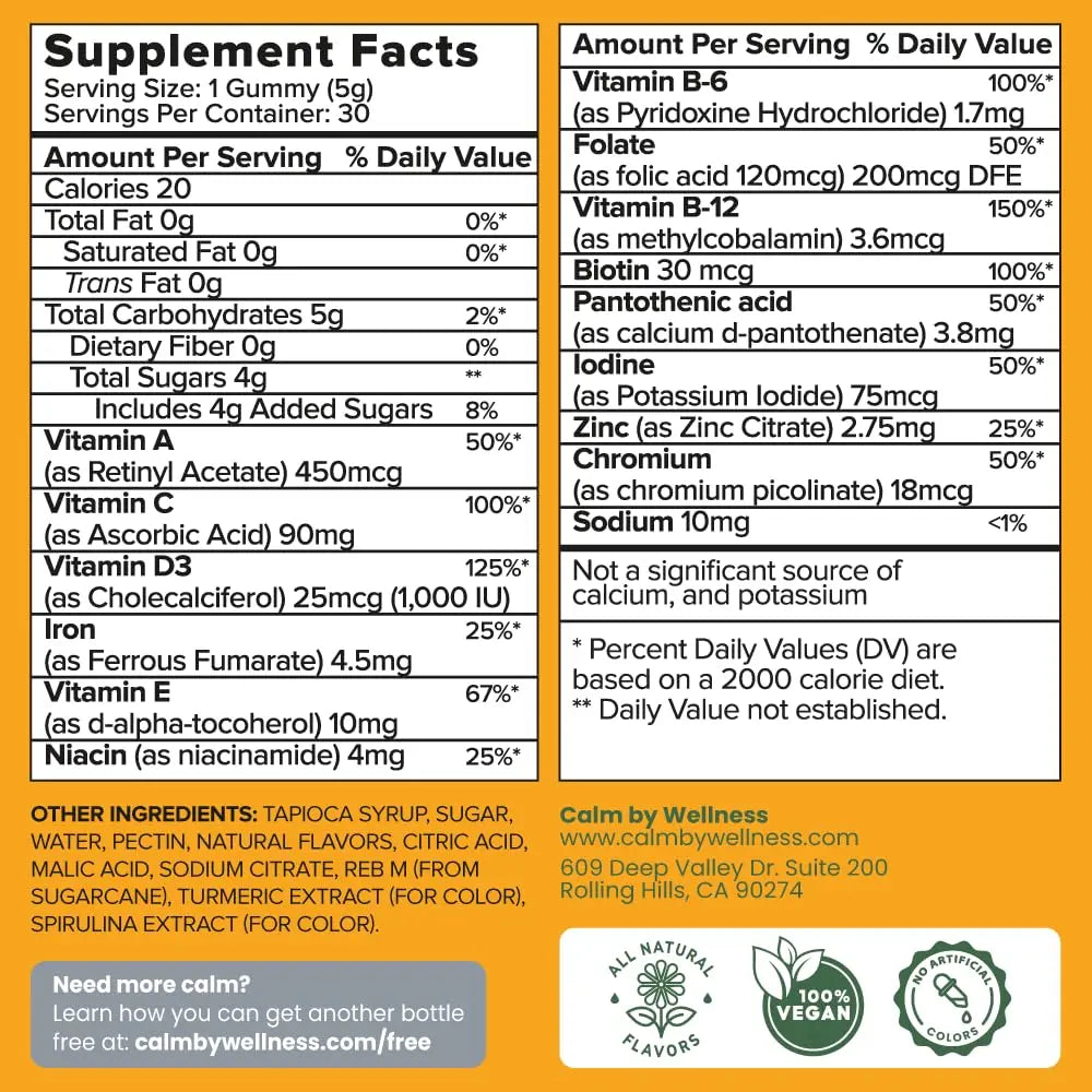 Calm by Wellness Multivitamin Gummies - All Natural Vegan Adult Multivitamin Gummy - Packed with Antioxidant Vitamins C & E, B12, B6 Calm by WellnessBuy Supplements Australia