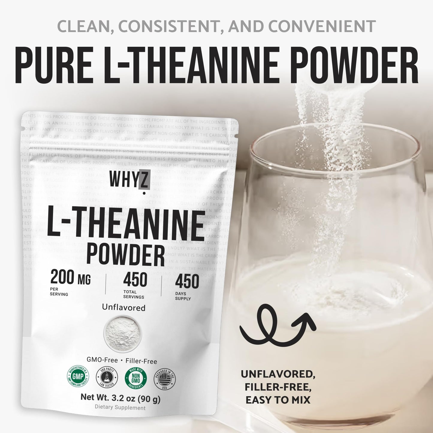 Pure L-Theanine Powder Unflavored Amino Acid Supplement Powder from Fine L-Theanine for Smooth Mixing Vegan Friendly Non-GMO No-Additives for Smoothies Drinks and Daily Nutrition Support, 3.2 oz (90g) WHYZBuy Supplements Australia