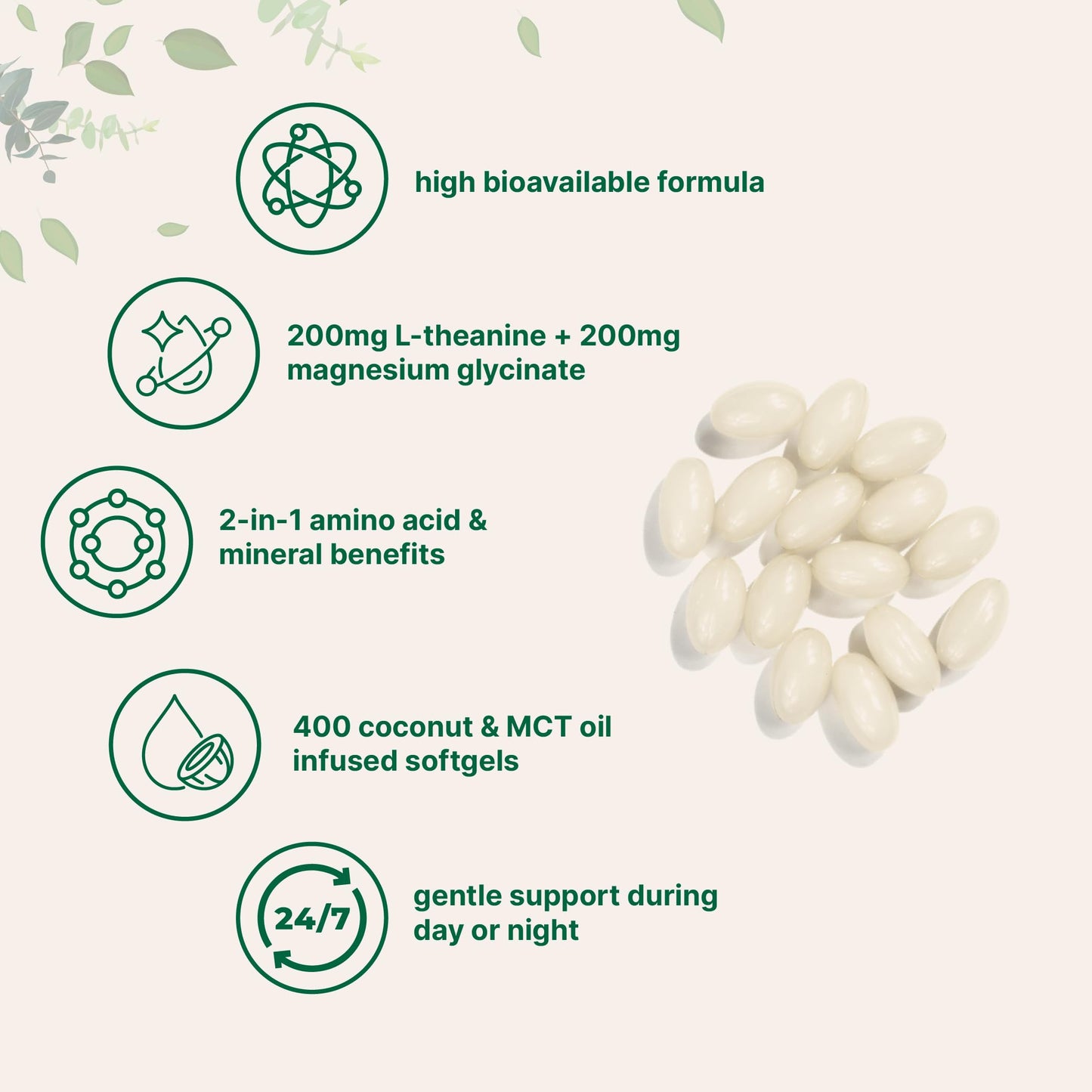 L-Theanine 200mg with Magnesium Glycinate, 400 Coconut MCT Oil Softgels | 2-in-1 Amino Acid & Mineral Complex | Gentle Care All Day & Night