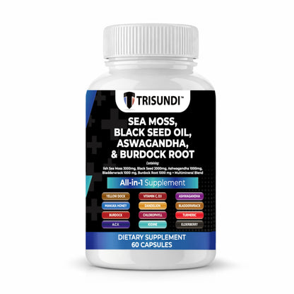 Trisundi Sea Moss Complex with Black Seed Oil, Ashwagandha & Burdock Root – All-in-One Herbal Supplement with Vitamins & Minerals – 60 Capsules TrisundiBuy Supplements Australia
