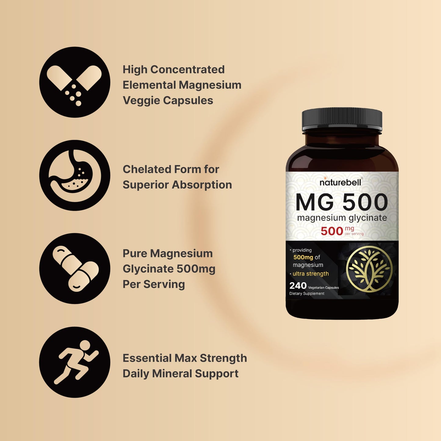 NatureBell Magnesium Glycinate 500mg Per Serving | 240 Veggie Capsule, 100% Chelated NatureBellBuy Supplements Australia