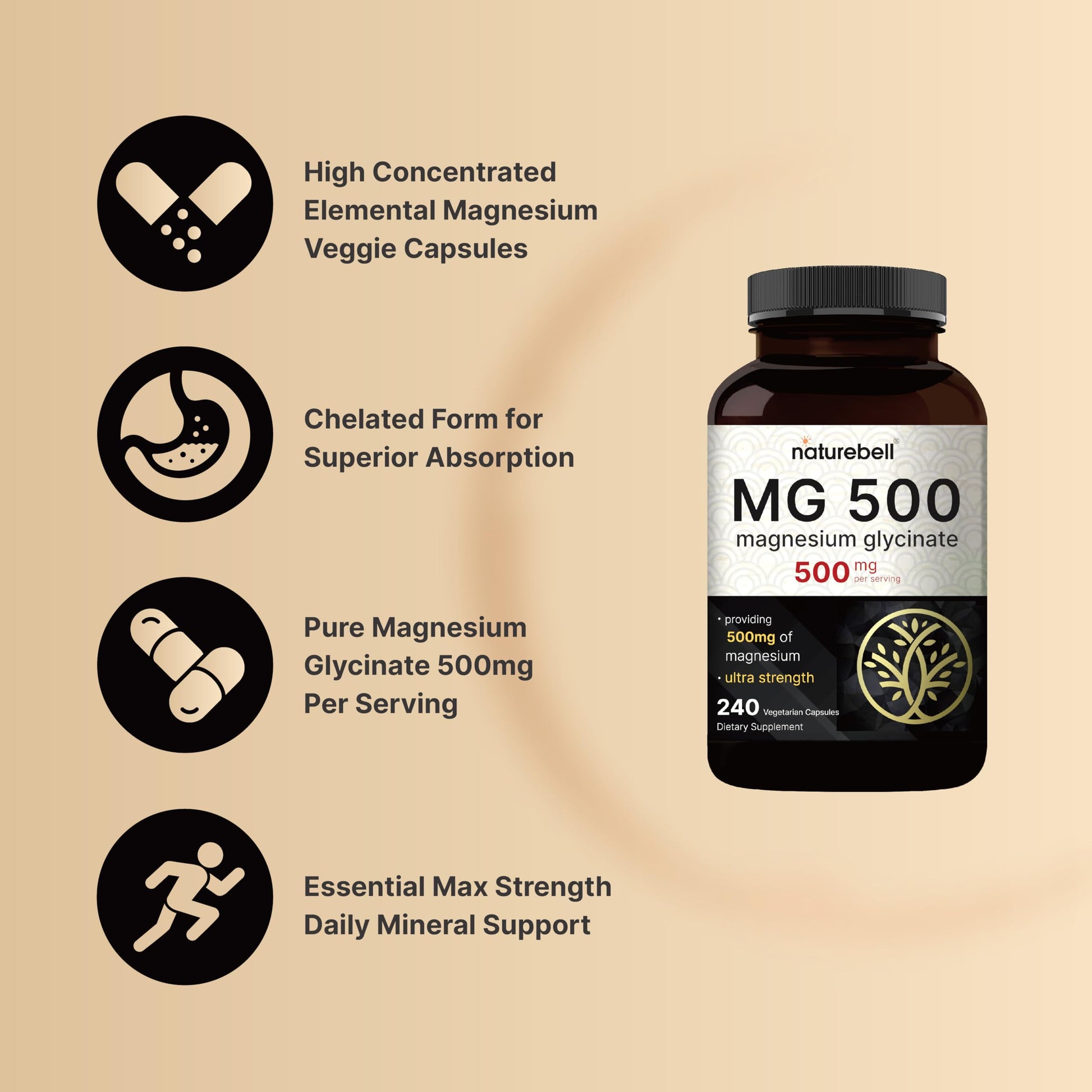 NatureBell Magnesium Glycinate 500mg Per Serving | 240 Veggie Capsule, 100% Chelated NatureBellBuy Supplements Australia