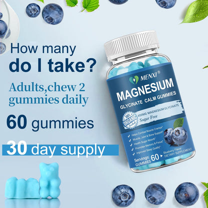 Magnesium Gummies 600mg per Serving-Magnesium Glycinate 400mg and Magnesium Malate 200mg,Sugar Free Magnesium Potassium Supplement for Calm Mood, Muscle, Bone & Sleep Support,60 Blueberry Gummies MENXIBuy Supplements Australia