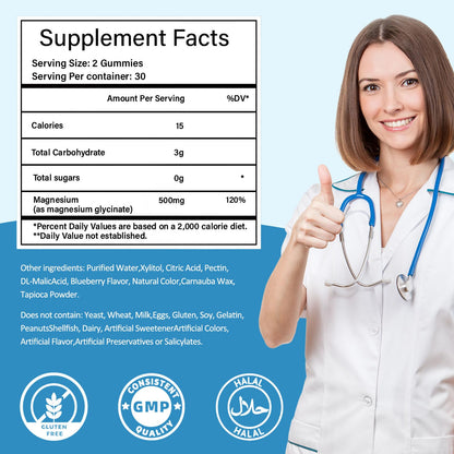 Magnesium Glycinate Gummies 500mg, Sugar-Free for Adults & Kids, Magnesium Gummies for Sleep, Stress & Muscle Relief, Supports Bone & Nerve Health,
